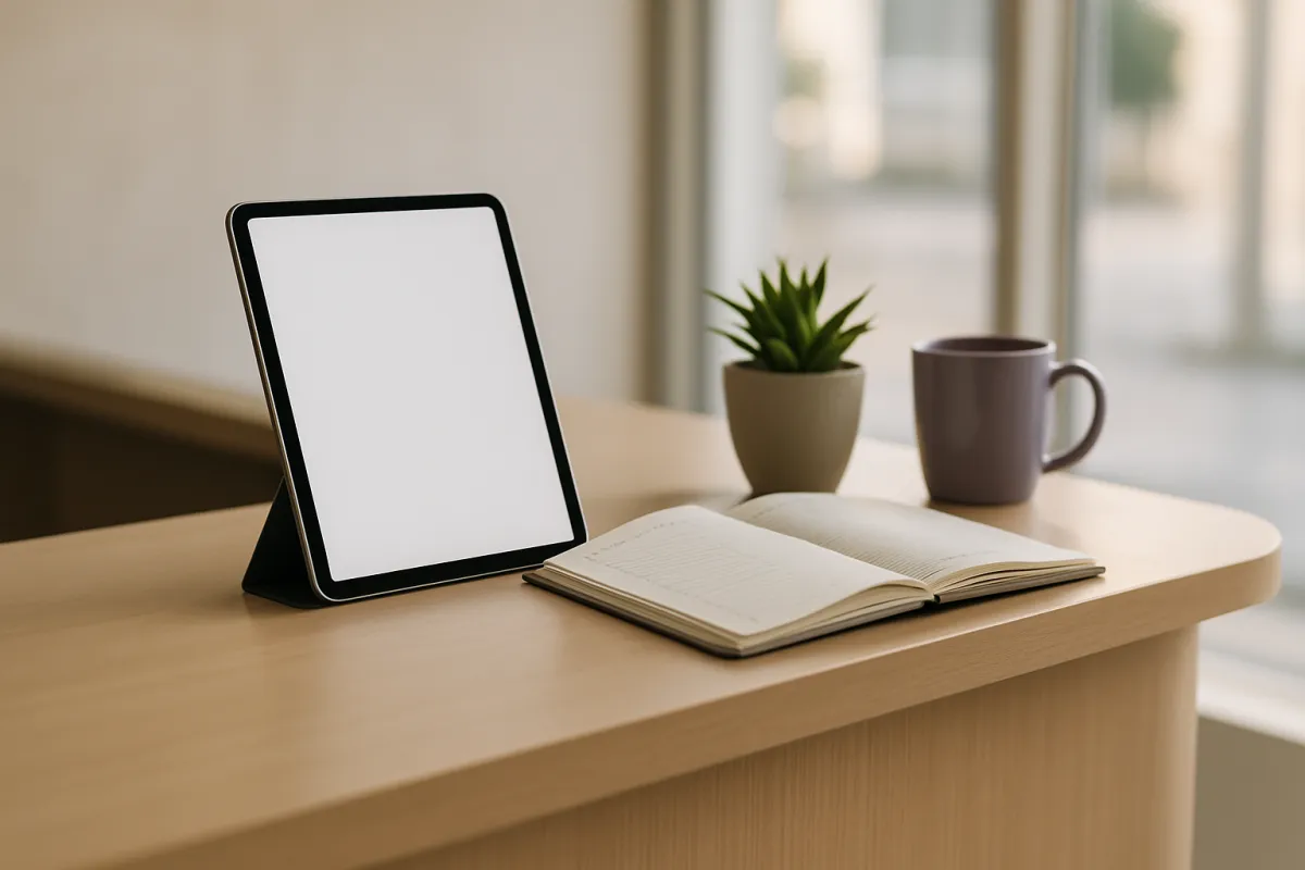 A tablet with a blank white screen propped on a pale wood counter beside an open blank notebook, a small potted plant and a mauve mug, with a bright window behind