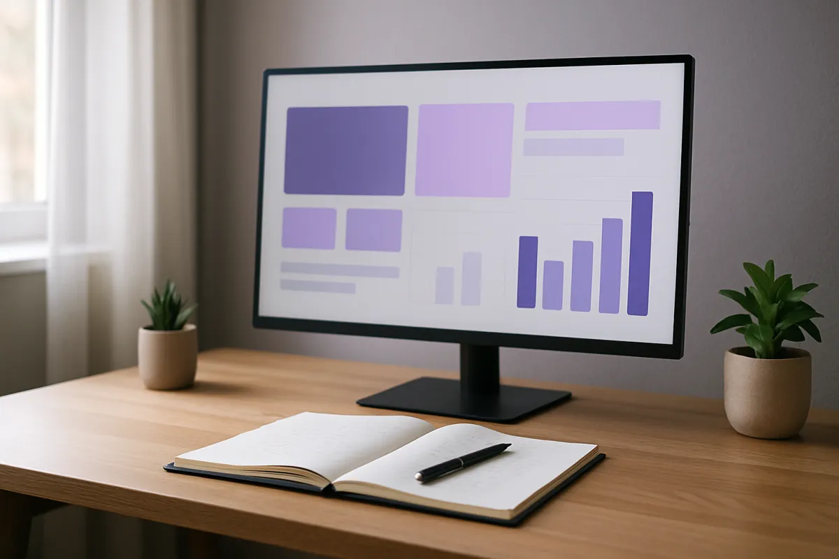 A widescreen monitor on a light wood desk showing an abstract dashboard of violet and lavender rectangles and a rising row of purple bars with no readable text, beside an open blank notebook with a black pen and two small potted plants, lit by a window