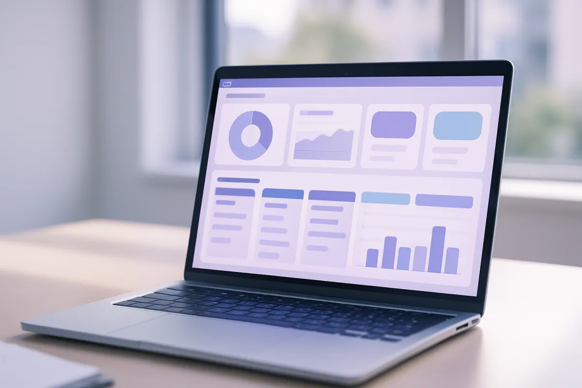 A person comparing CRM software plans and price tiers on a laptop at a tidy desk, with a notebook of notes beside it, tinted indigo