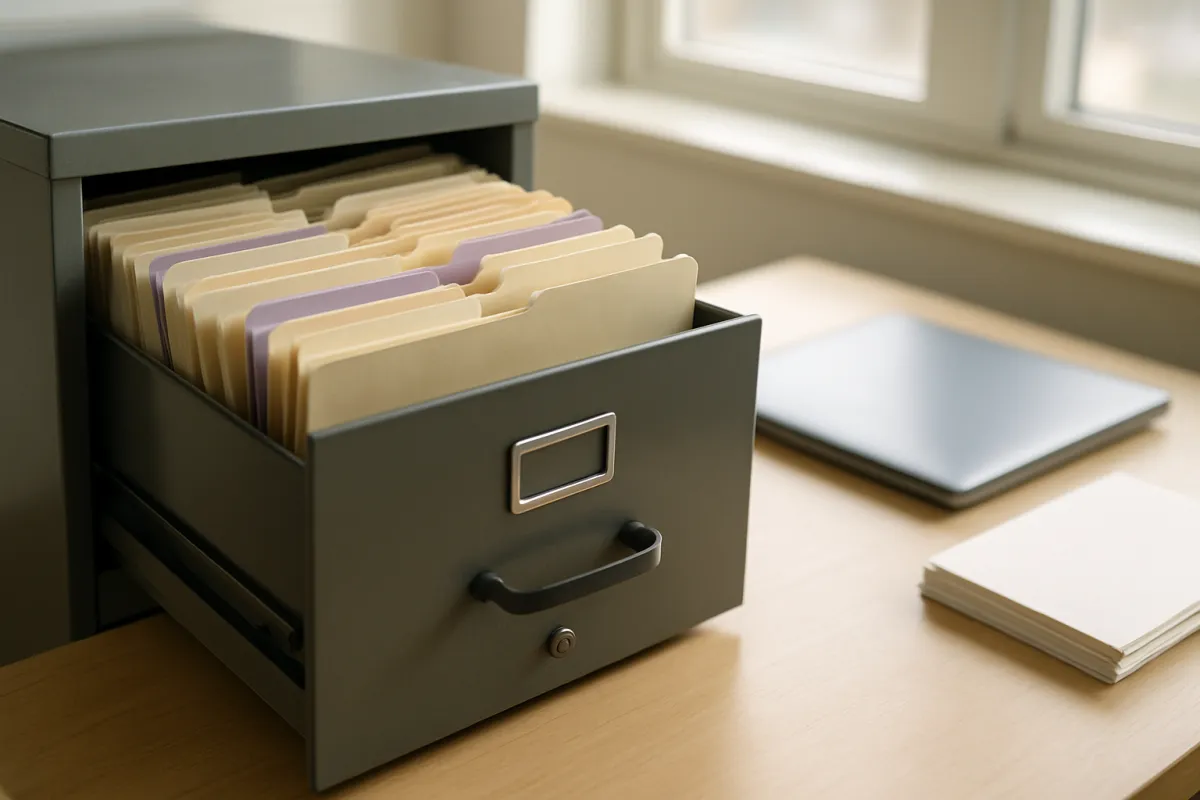 An open drawer of a dark grey metal filing cabinet packed with upright cream folders and pale violet tab dividers, on a light wood desk beside a closed silver laptop and a small stack of blank white paper, with a bright window behind