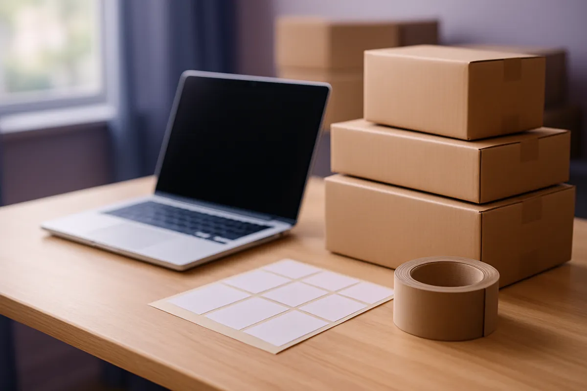 A laptop, stacked cardboard shipping boxes, a sheet of blank labels and a roll of tape on a wooden table