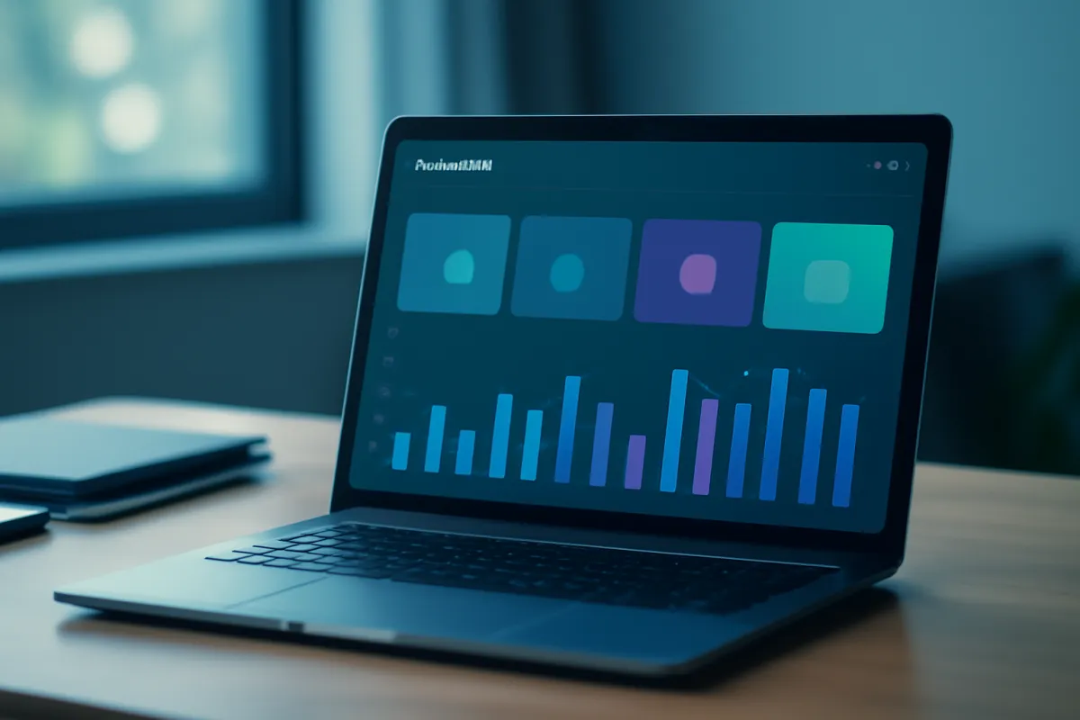 A laptop on a tidy desk showing an abstract email campaign dashboard with colorful metric tiles and a bar chart, tinted teal and indigo