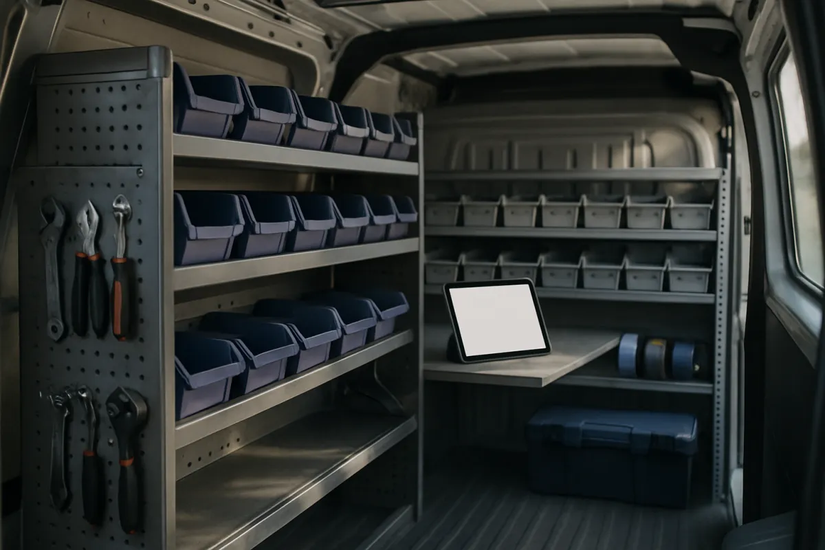 A van cargo bay with metal shelving holding rows of dark plastic parts bins, a pegboard of wrenches and pliers on the left, a tablet with a blank white screen on a small shelf, a roll of tape and a dark hard case on the floor