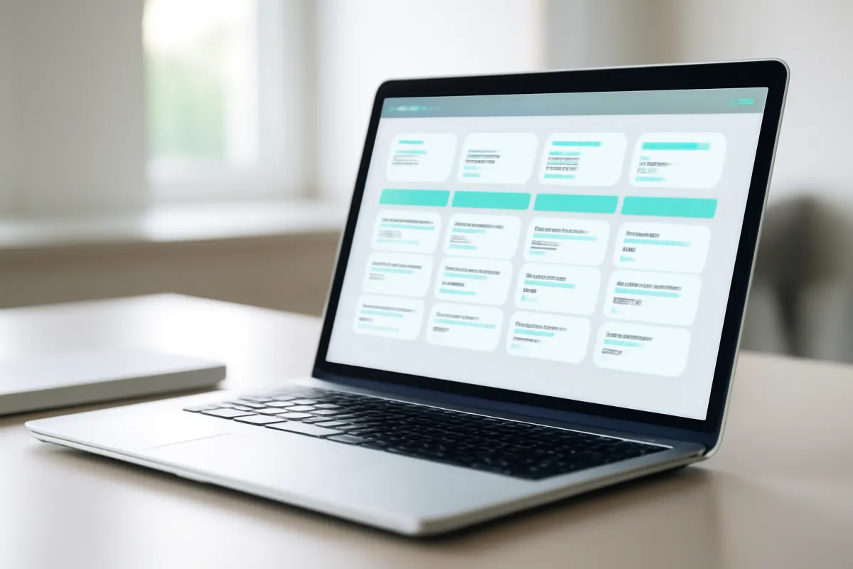 A laptop on a tidy desk showing a colorful CRM sales pipeline dashboard with deal columns and metric tiles in soft teal tones