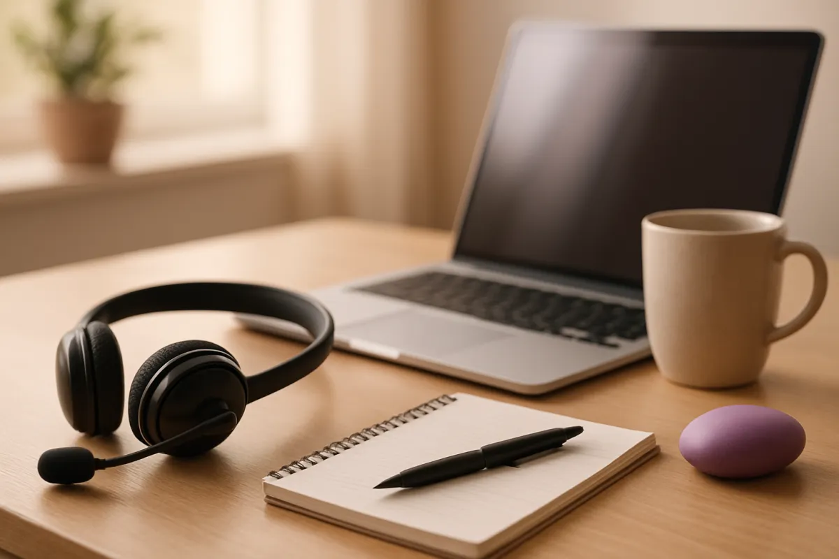 A black over-ear headset with a boom microphone resting on a wooden desk beside an open laptop, a spiral notepad with a pen, a ceramic mug and a small purple object, with a plant on a windowsill behind