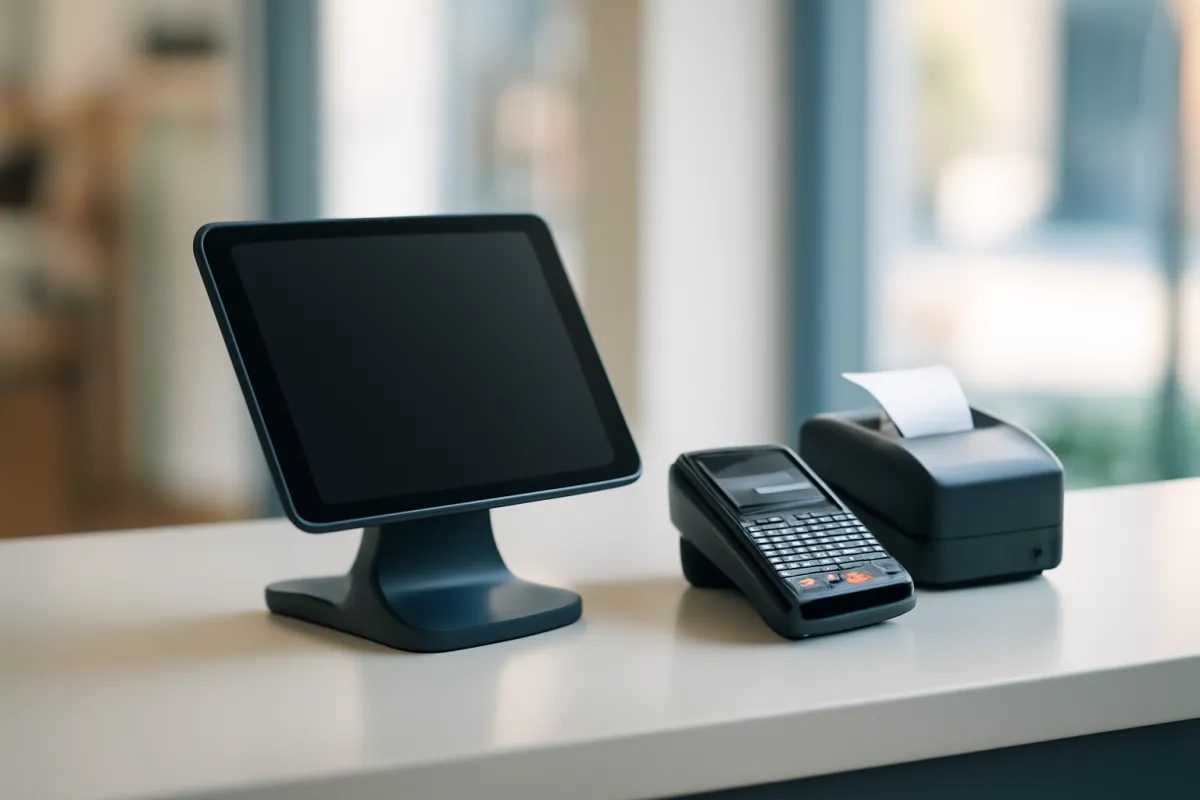 A modern point-of-sale terminal and tablet on a clean retail shop counter with a card reader and receipt printer, lit by soft window light, no text or logos