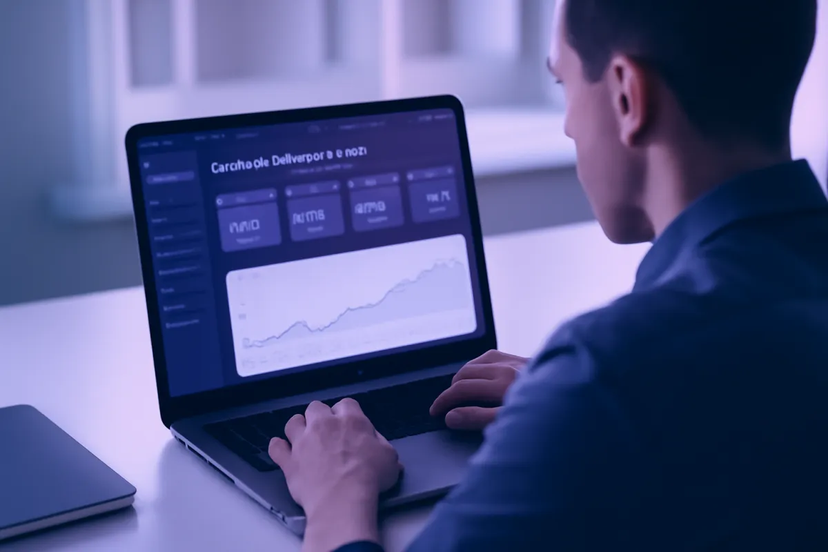 A marketer reviewing an email campaign dashboard on a laptop at a clean modern desk, abstract metric tiles and a line chart on screen, tinted indigo and violet, no readable numbers