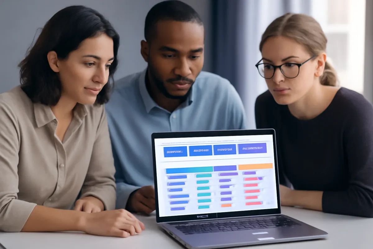 A small team gathered around a laptop reviewing a colorful CRM sales dashboard with pipeline columns and metric tiles