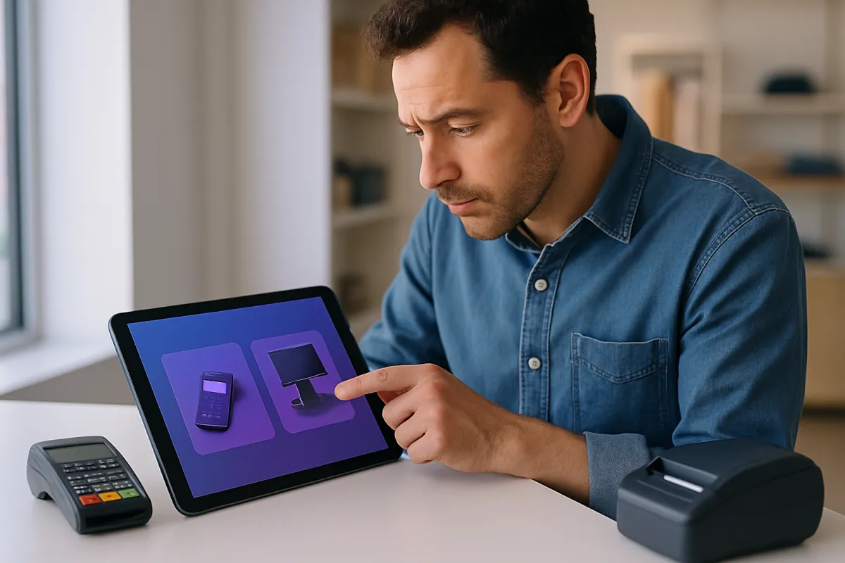 A small business owner comparing point-of-sale systems on a tablet at a clean modern retail counter with a card reader and receipt printer, tinted indigo and violet, no text or logos
