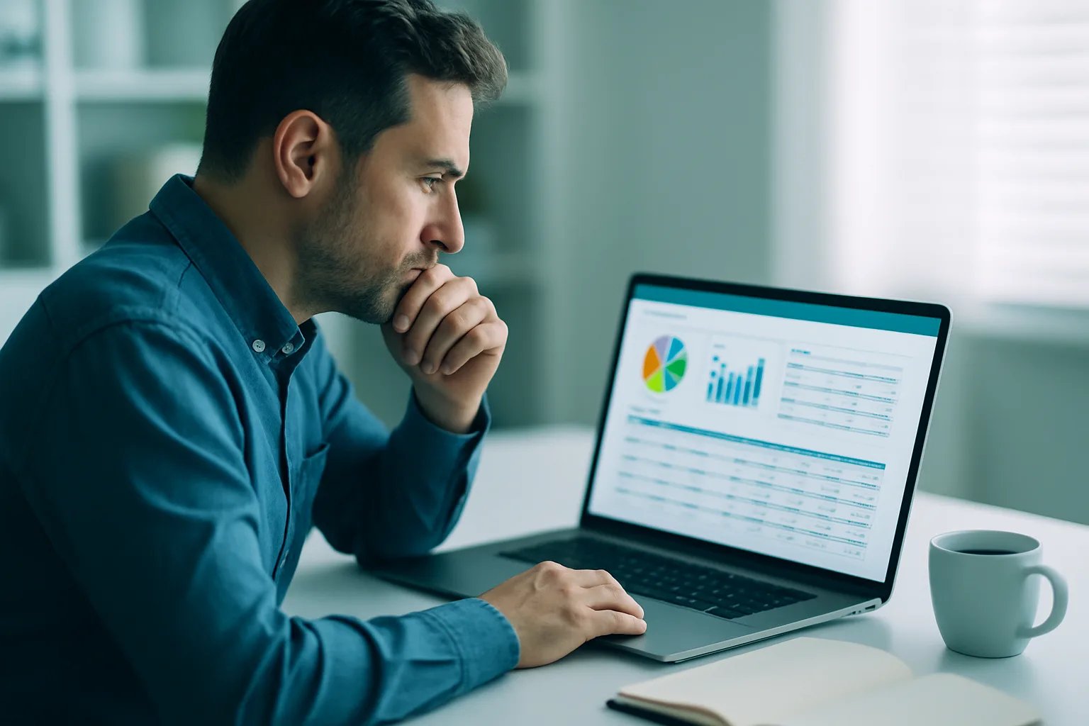 A small business owner at a tidy desk reviewing accounting software on a laptop, with financial charts on the screen and a notebook beside it, tinted teal and indigo