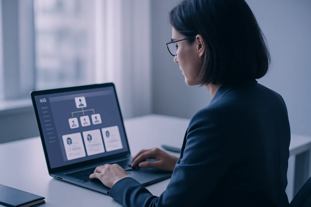 An HR manager reviewing HR software on a laptop at a clean modern desk, with people cards and an org chart subtly on screen, tinted indigo and violet, no text or logos