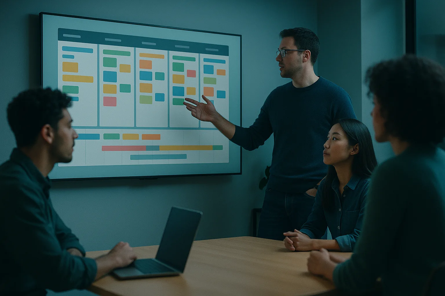 A small business team gathered around a large screen showing a colorful project management board with task cards and a timeline, clean modern office tinted teal and indigo