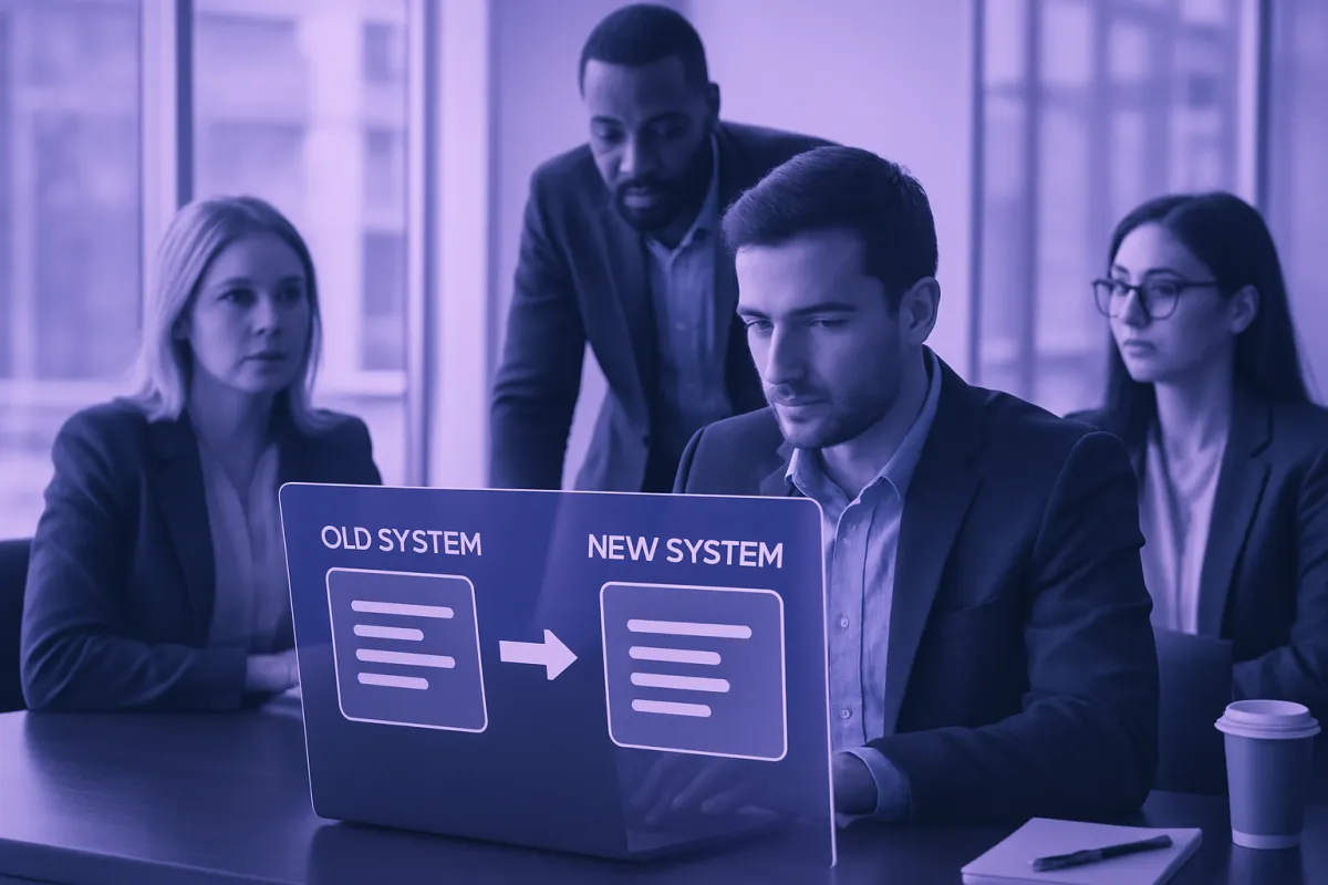 A person at a laptop moving business records from an old system into a new one during a software migration, with progress and checklist elements on screen, tinted indigo and violet, no text or logos