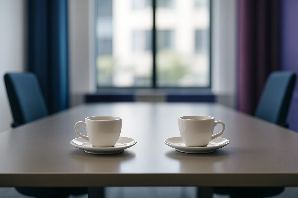 Two coffee cups facing each other across a modern meeting table before a vendor negotiation