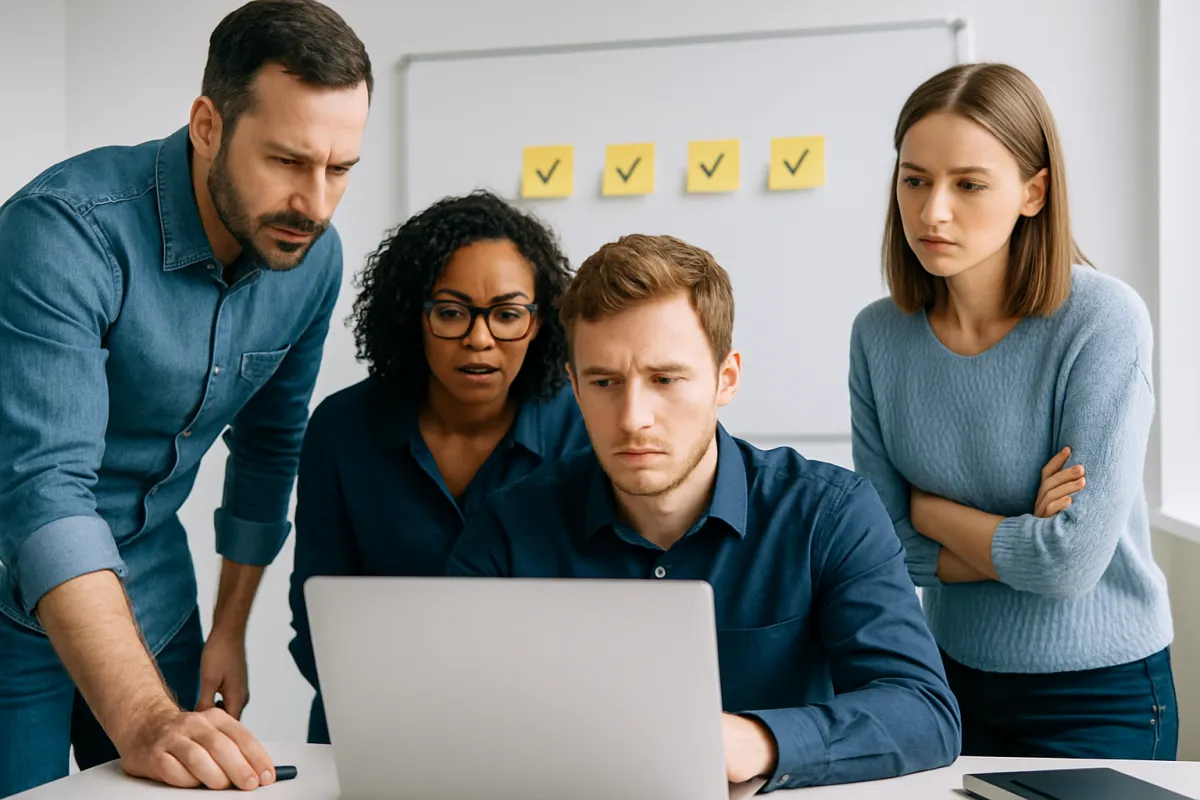 A small team around a laptop running a structured software evaluation