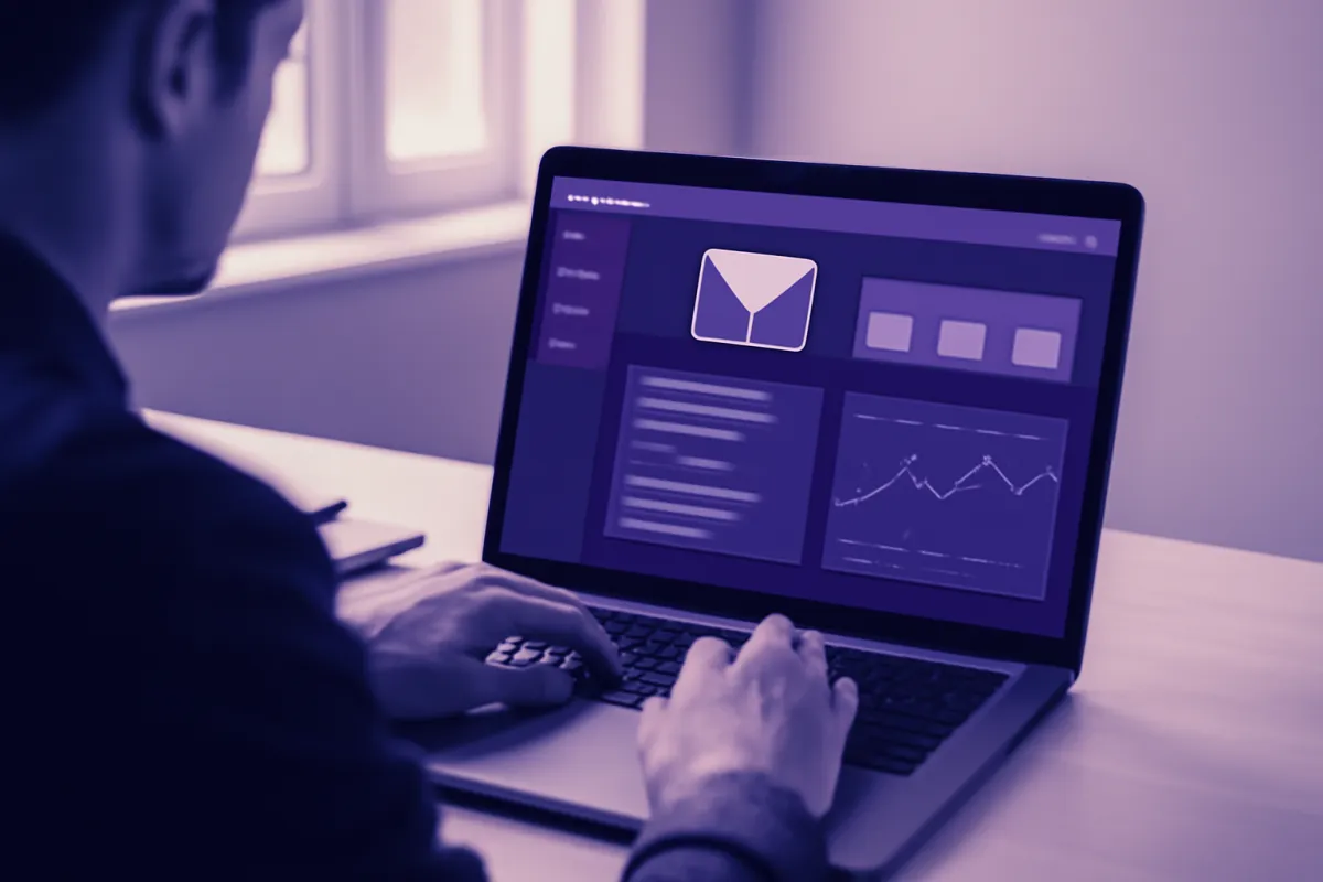 A marketer building an email campaign on a laptop dashboard at a clean modern desk, abstract campaign builder and metric tiles on screen, tinted indigo and violet, no readable text
