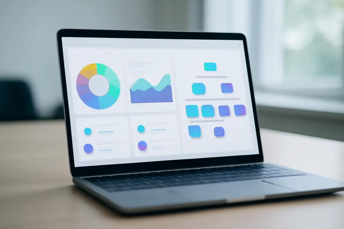 A laptop on a tidy desk showing a colorful HR and team management dashboard with org-chart nodes and metric tiles