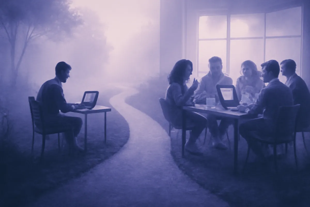 An abstract concept of two paths for running email marketing, a solo person at a laptop on one side and a small agency team around a table on the other, a forking road between them, tinted indigo and violet