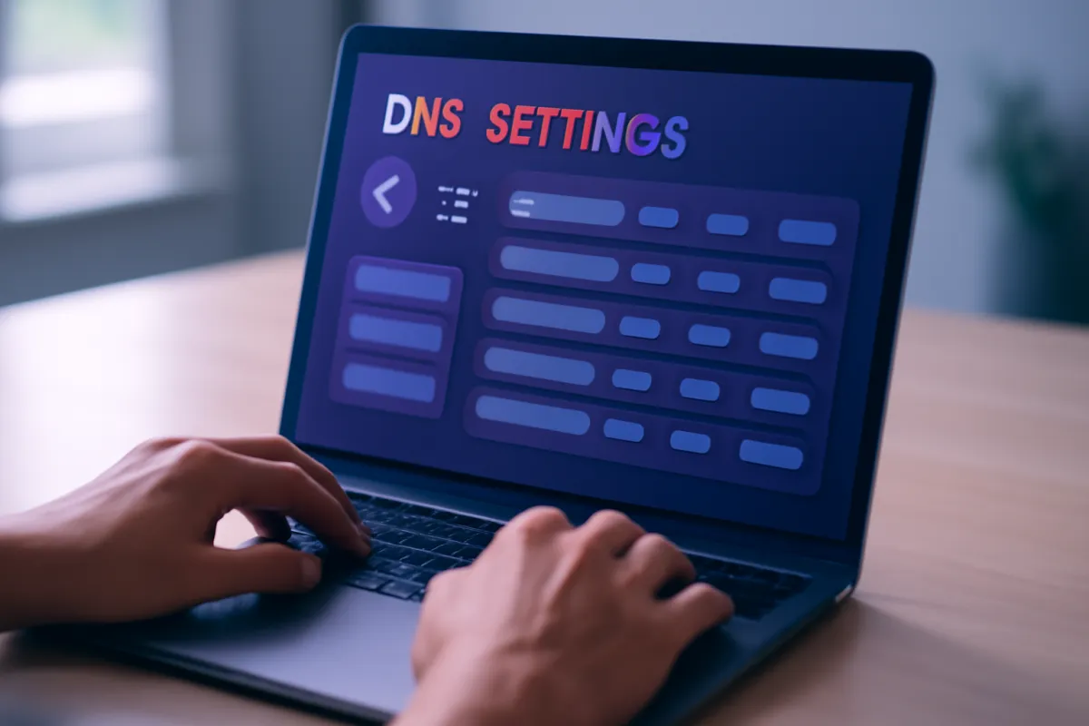 A laptop showing an abstract DNS settings panel with authentication records and a shield and padlock motif
