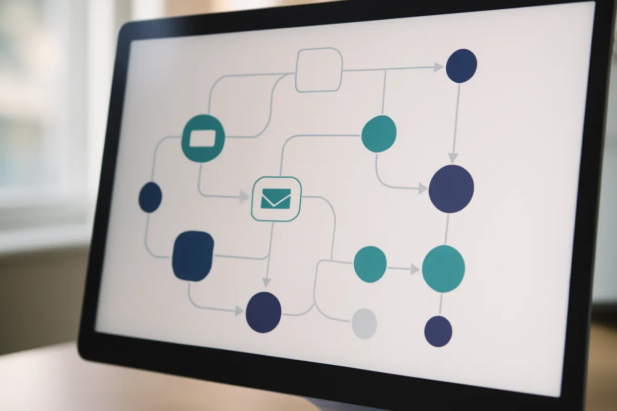 An abstract marketing automation flow with connected nodes and branching paths on a screen, suggesting an automated email sequence
