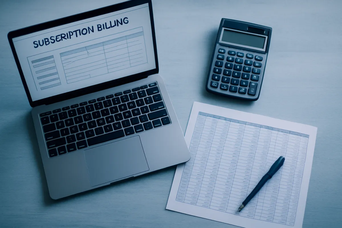 A person reviewing recurring software billing on a laptop before cancelling a SaaS subscription, tinted indigo and violet, no readable text or logos