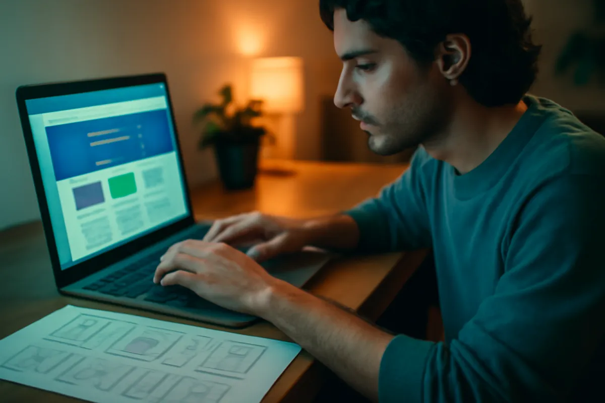 A web designer building a website at a laptop with wireframe sketches on paper beside the keyboard
