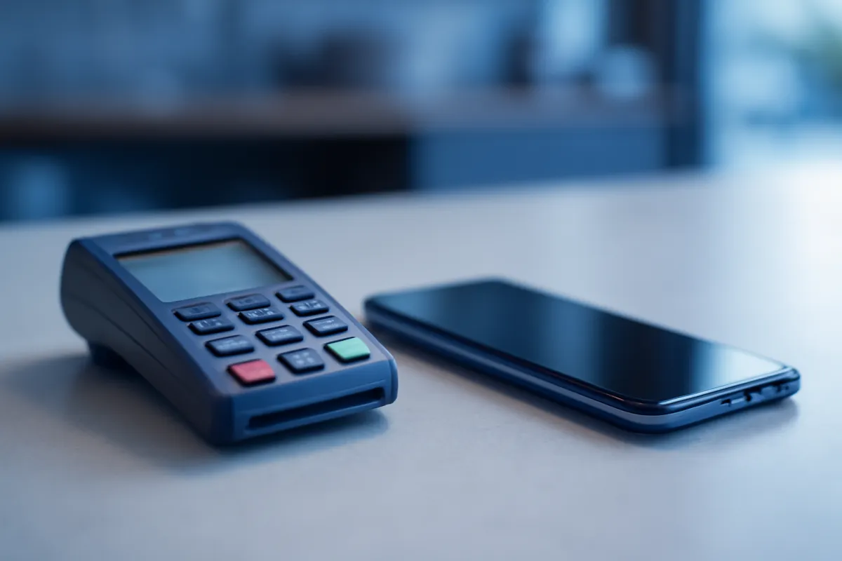 A small card-reader payment terminal and a smartphone on a clean cafe counter, suggesting card payment processing