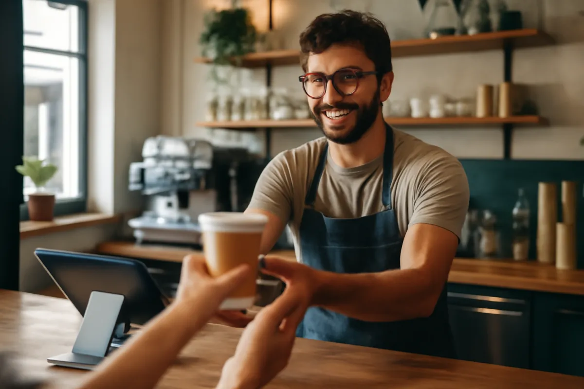A cafe barista handing a coffee to a customer across a counter with a tablet point-of-sale system in view