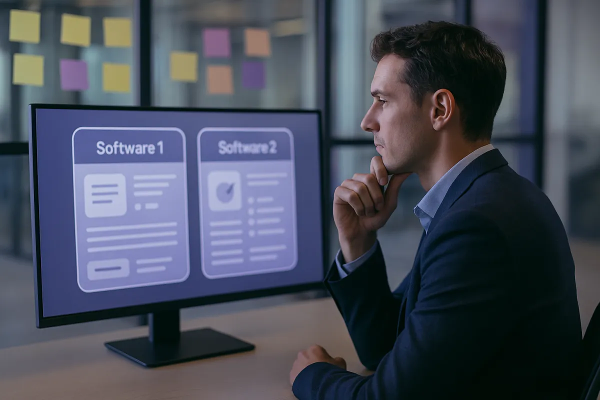 A person comparing several inventory software options side by side on a laptop, with feature rows and plan tiers, no readable text