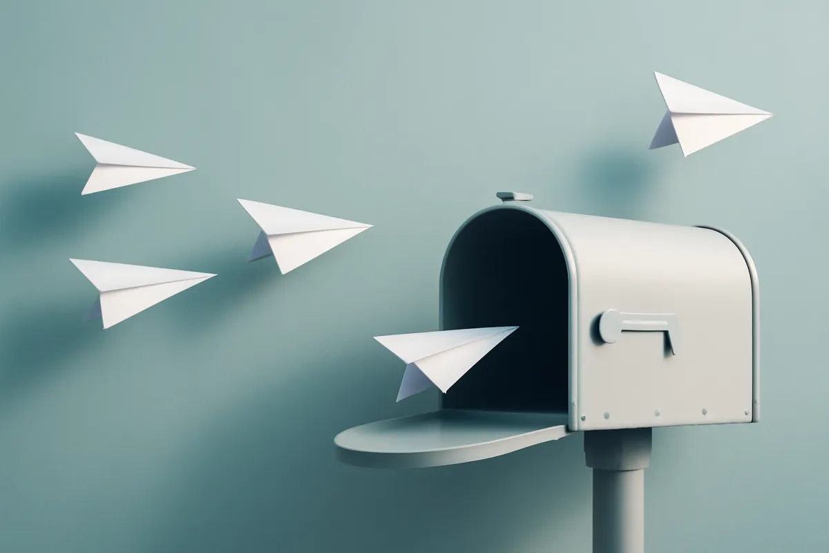 A minimalist concept of email deliverability, paper airplanes flying toward an open mailbox with one diverted away