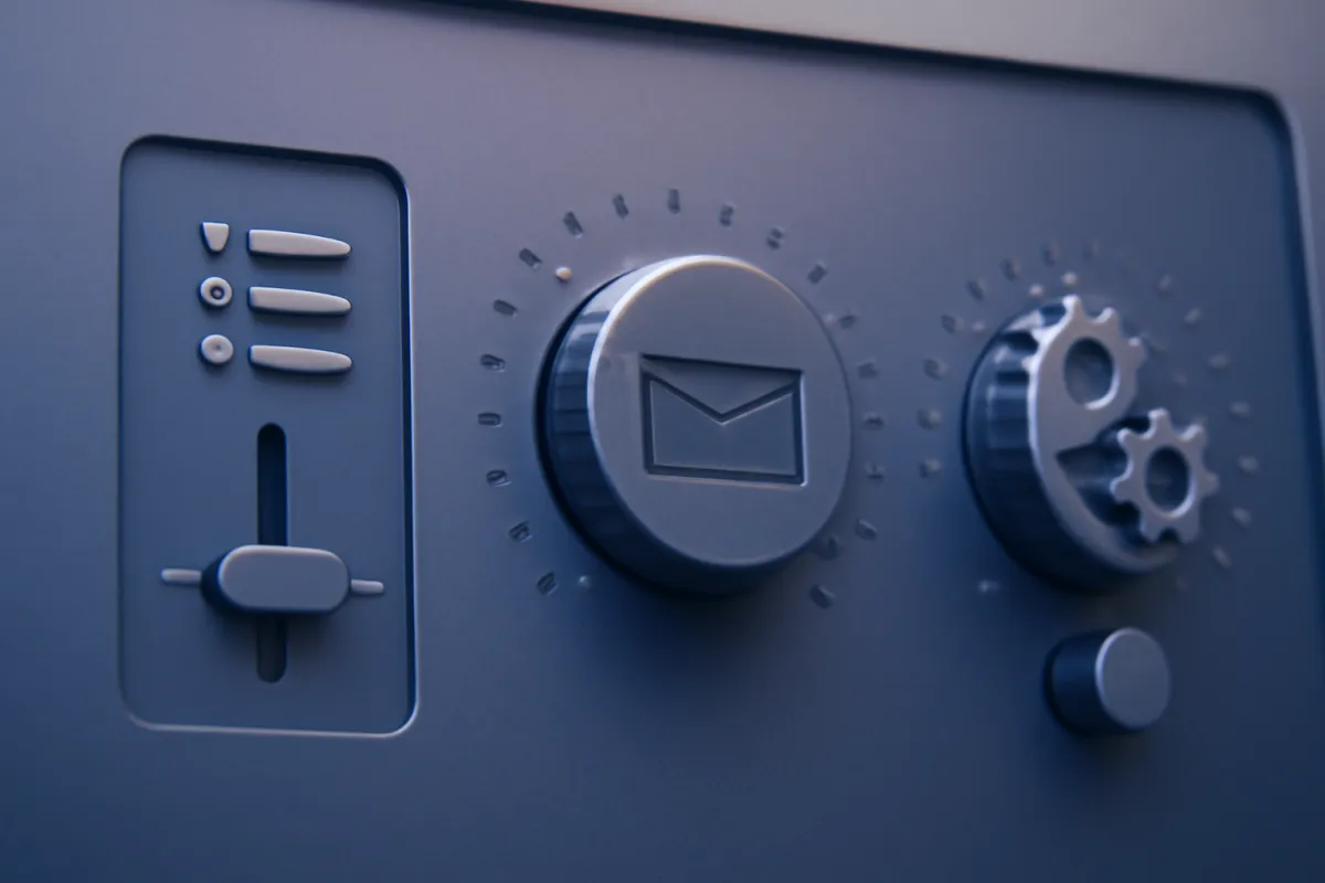 An abstract concept of the factors that drive email marketing price, a row of control dials and sliders on a screen suggesting list size, send volume, and automation, tinted indigo and violet