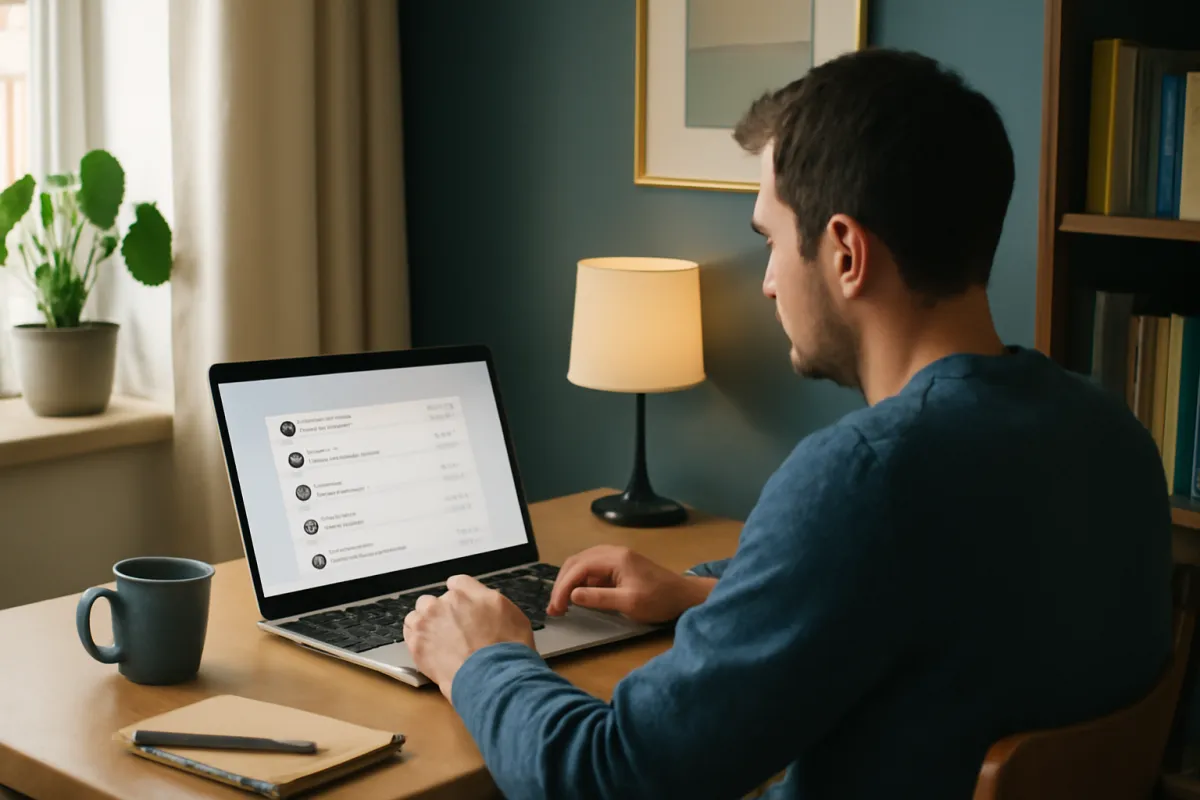 A solo entrepreneur working calmly at a small tidy desk with a laptop showing a simple contact list