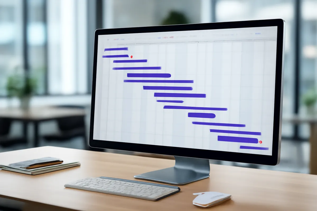 A monitor showing a project timeline and gantt-style planning view with horizontal scheduling bars and milestone markers