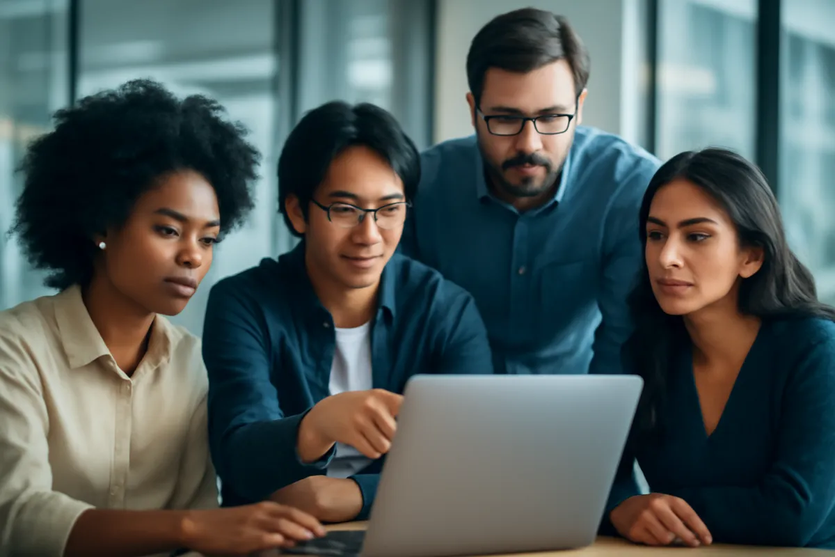 Four colleagues collaborating around a single laptop in a bright office, one person pointing at the screen