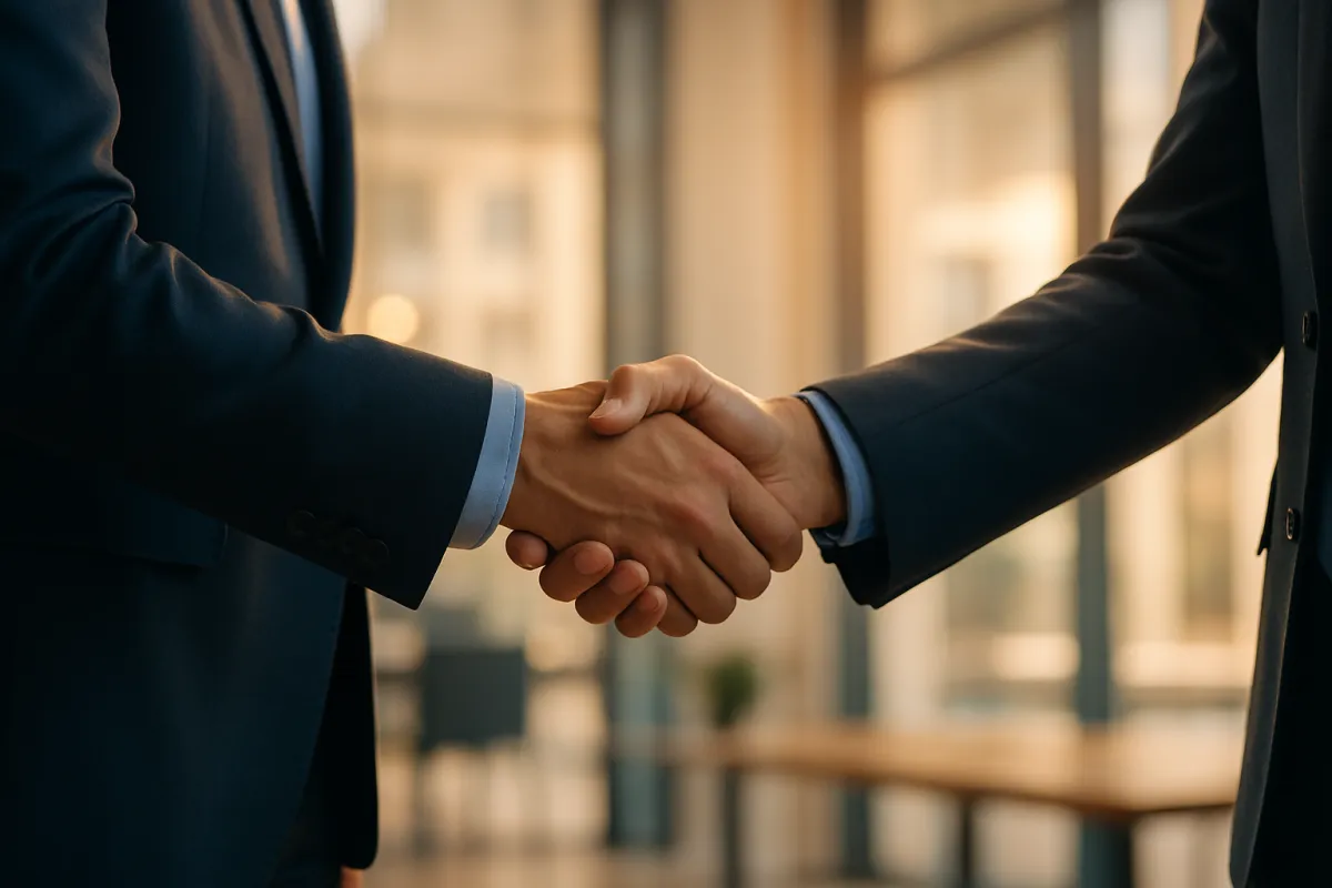 Two professionals shaking hands in warm natural office light