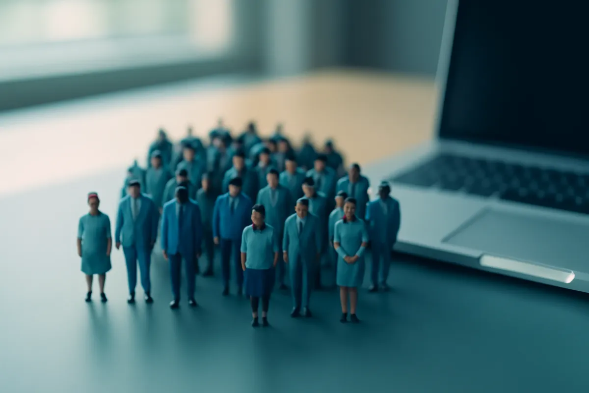 A diverse group of small people figurines arranged in a growing cluster on a bright desk beside a laptop, suggesting a workforce scaling up