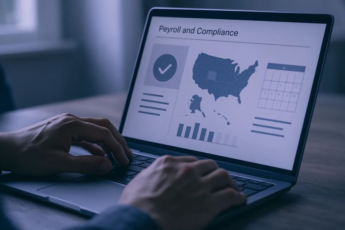 Hands at a laptop reviewing a payroll and compliance summary with a state map and calendar, checking HR software tax handling for each state
