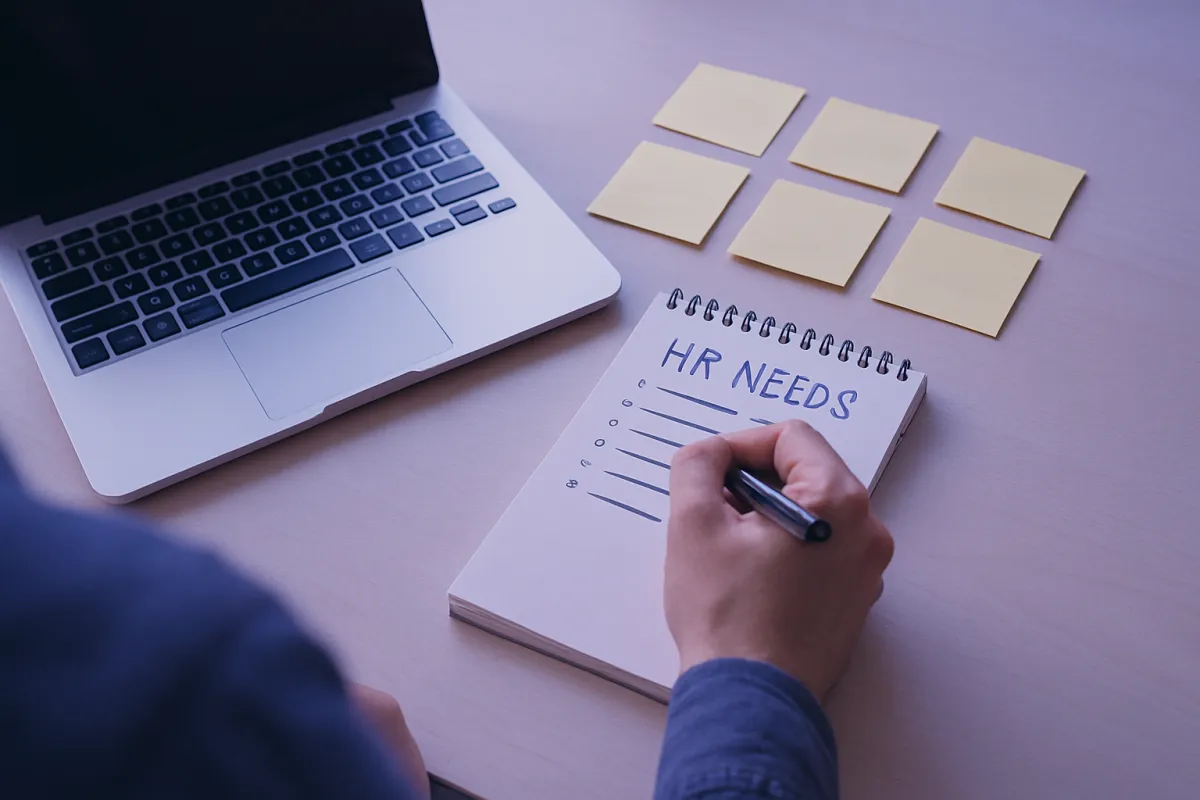 A person writing a list of HR needs like payroll, benefits, onboarding, time, and compliance on paper beside a laptop, before choosing HR software