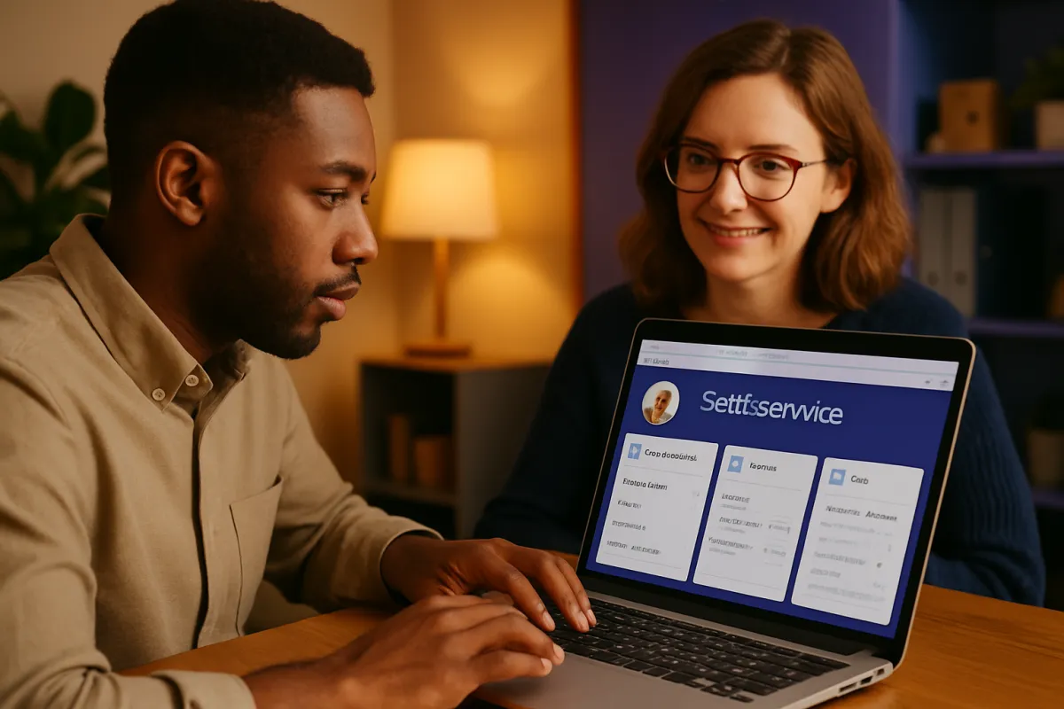 A small business team member running a hands-on trial of HR software on a laptop, exploring the employee self-service screen with a colleague