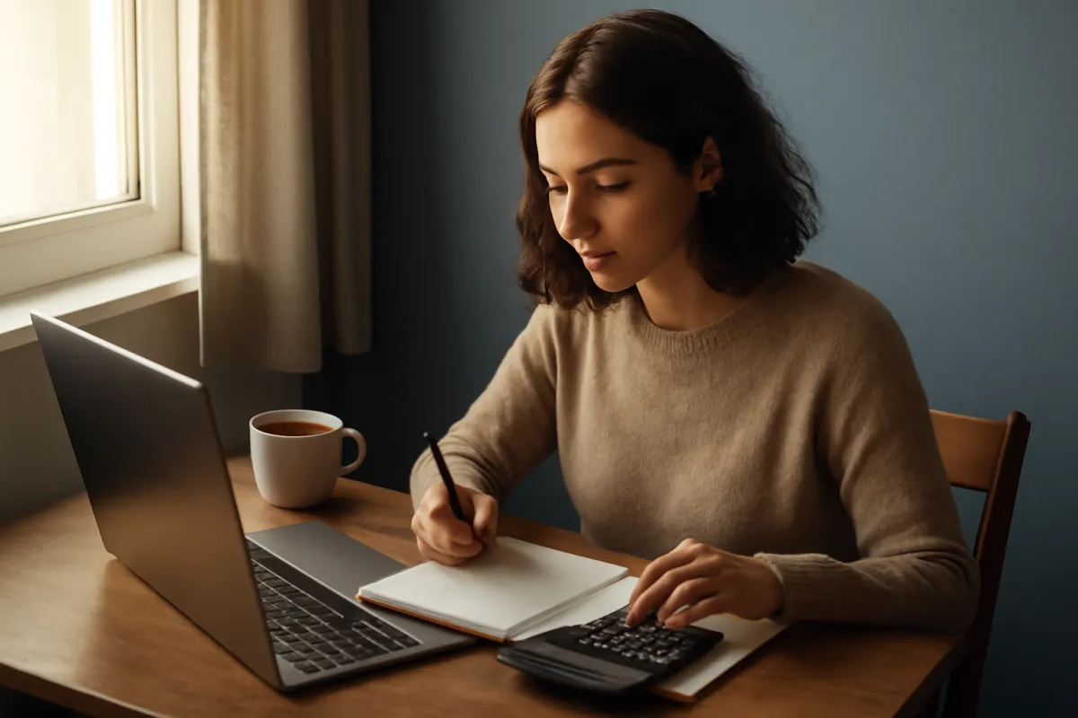 A freelancer working at a small home desk with a laptop, a paper notebook ledger, a calculator and a coffee mug