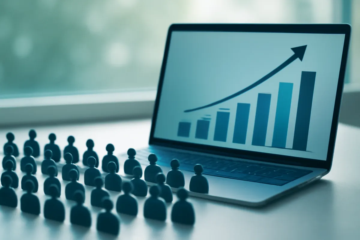 An abstract concept of a growing subscriber list, rows of anonymous profile silhouettes beside a rising bar chart on a laptop screen