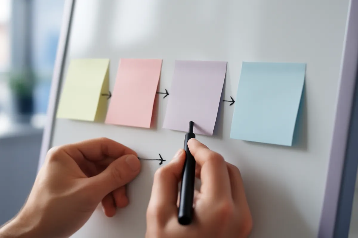 Hands sketching a simple flow on a whiteboard with sticky notes and a marker, mapping how a CRM connects to online giving, email, and accounting tools