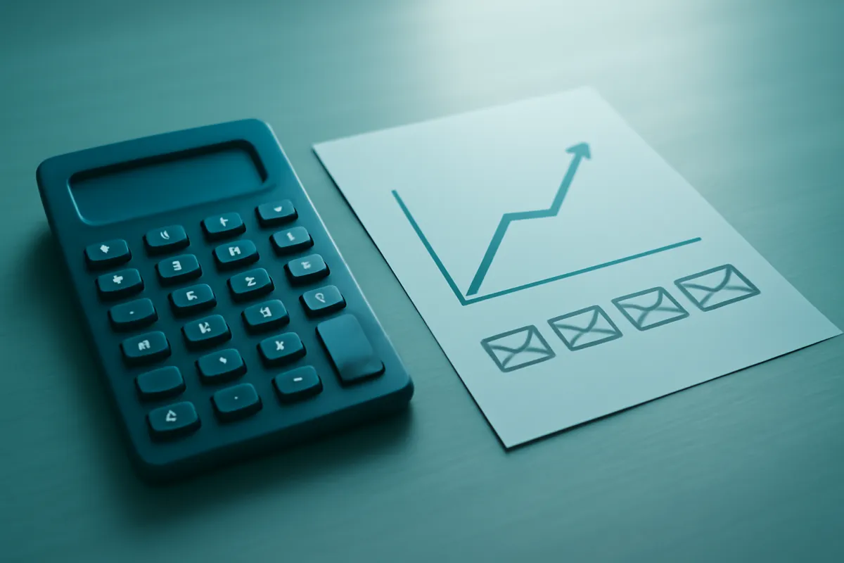 A calculator beside a printed sheet showing a rising line chart above a row of envelope icons, standing in for survey results tracked over time