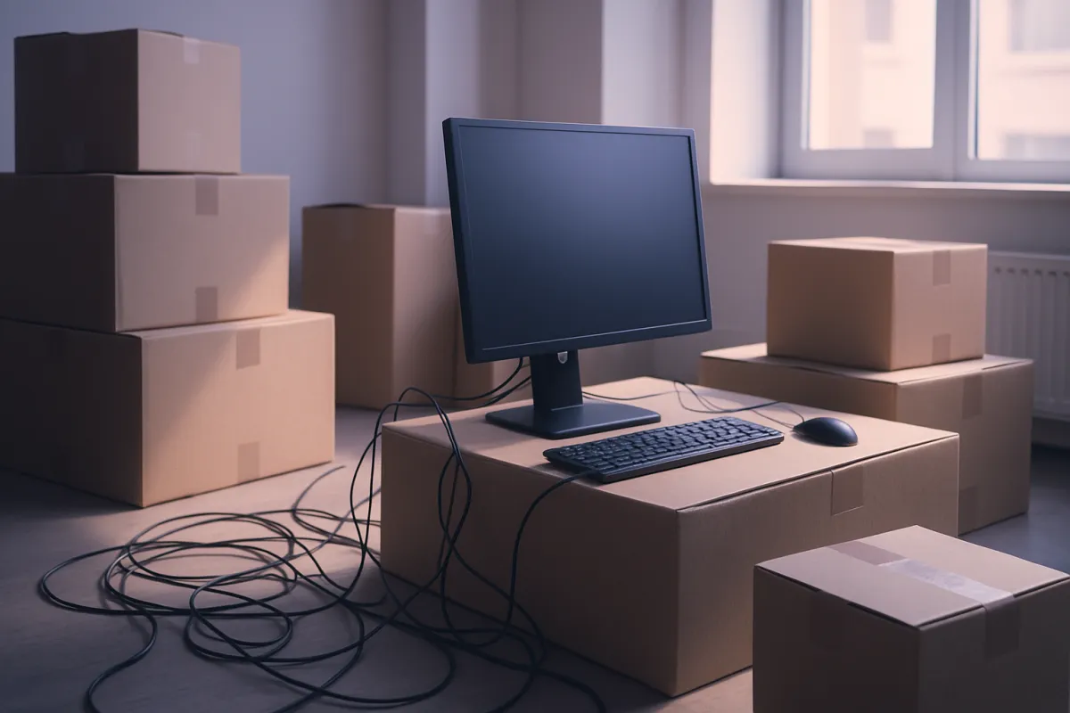 Moving boxes and cables beside a computer being set up in a new office