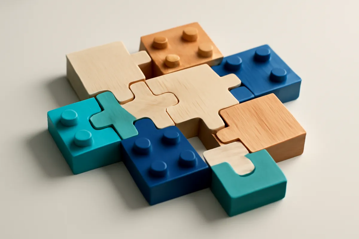 Modular colored and wooden blocks arranged as interlocking building blocks on a desk, suggesting separate software modules