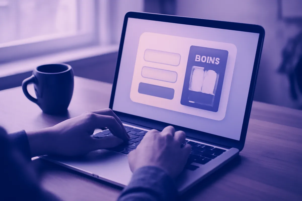 A person designing an email signup form and a lead magnet on a laptop, abstract form fields and a downloadable ebook on screen