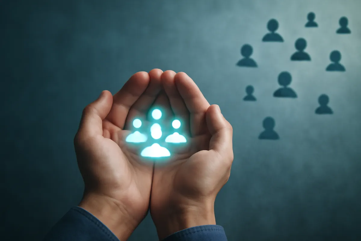 A visual metaphor of an owned email audience versus rented social reach, cupped hands holding a cluster of profile silhouettes while others scatter and drift away