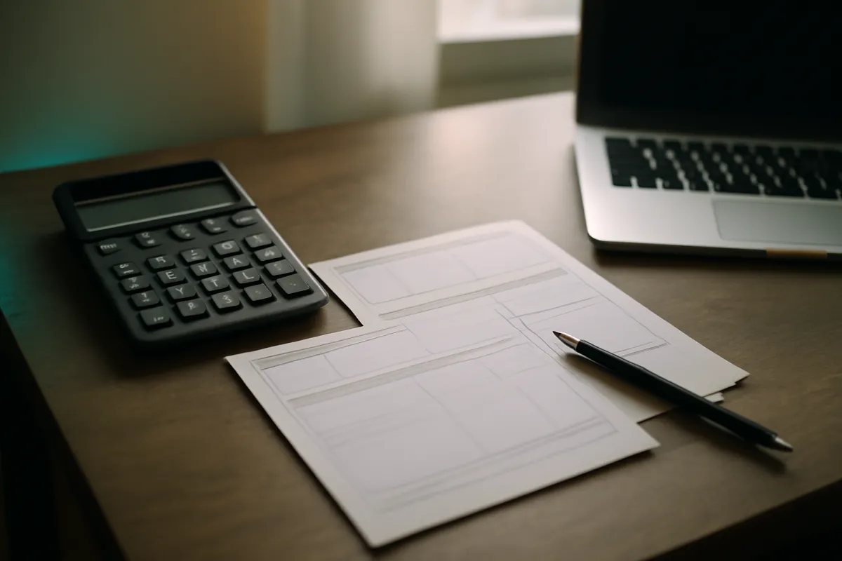 A desk with a calculator, laptop, and blank payslip-style papers face down, suggesting payroll processing