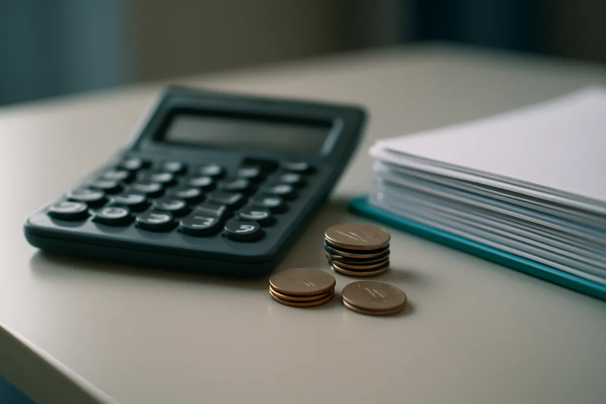 A calculator, a few coins and neatly stacked paper documents on a tidy desk suggesting a payroll pay run