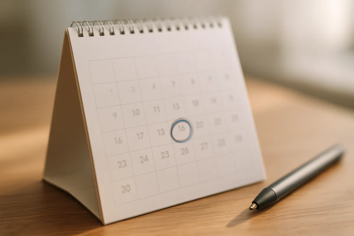 A desk calendar with a date near the end of the month circled in ink
